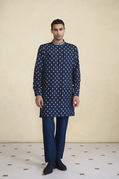 Azraq Printed Silk Kurta - Indigo